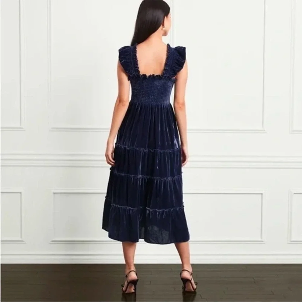 Hill House Navy Velvet Ellie Nap Dress S Holiday Midi Tired Ruched Sleeveless - Picture 4 of 14